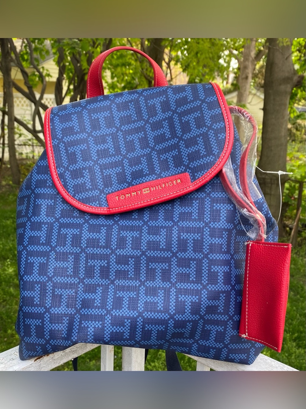 Tommy Hilfiger Monogram Backpack Navy Blue Red Logo Travel Bag NEW